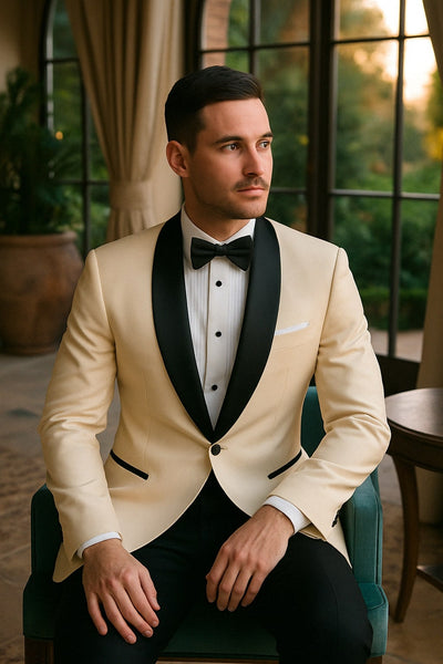 Mens Champagne Light Tan Tuxedo Jacket with Black Shawl Lapel – Classic One-Button Formal Dinner Jacket - Nude Color 4   - from alligatorwarehouse.com