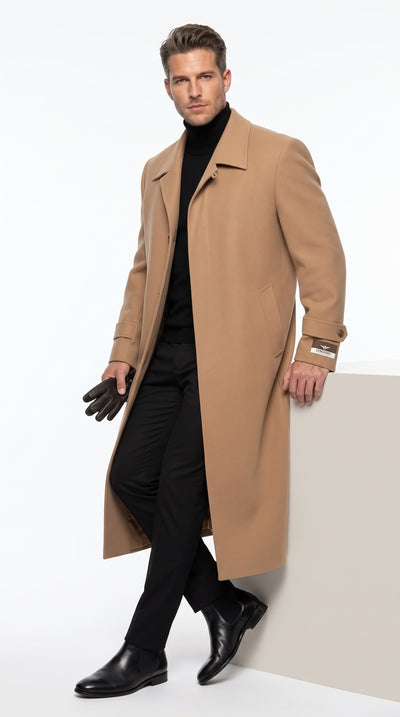Men’s Camel Full Length All Weather Coat, 4 Button Duster Maxi Dress Coat