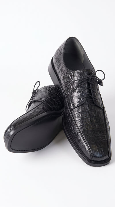 Los Altos Men’s Black Genuine Caiman Belly Oxford Shoes – Exotic Leather Lace-Up Dress Shoes