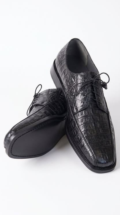 Los Altos Men’s Black Genuine Caiman Belly Oxford Shoes – Exotic Leather Lace-Up Dress Shoes
