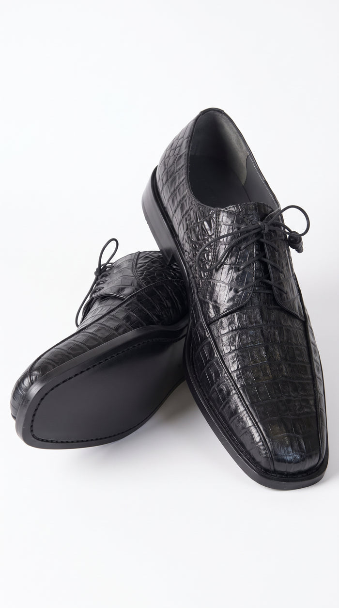 Los Altos Men’s Black Genuine Caiman Belly Oxford Shoes – Exotic Leather Lace-Up Dress Shoes