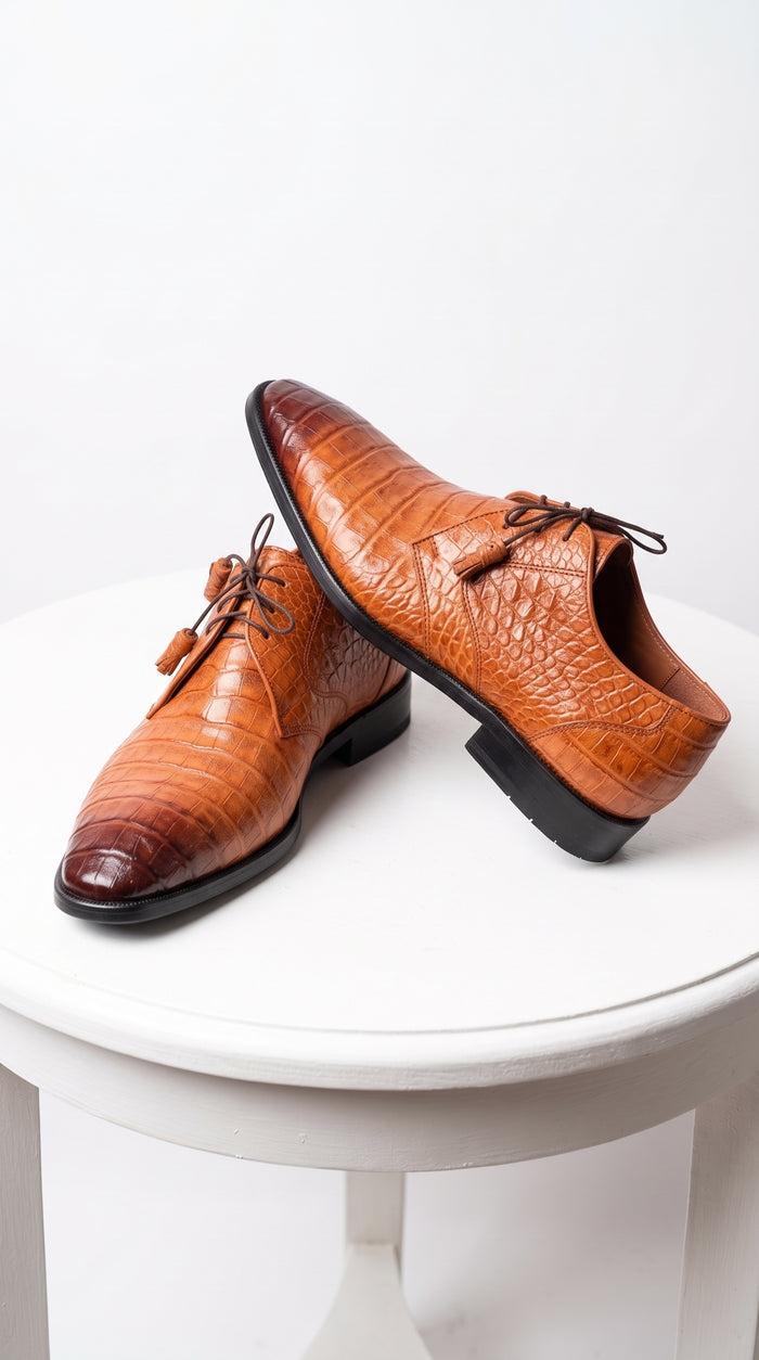Los Altos Men’s Cognac All-Over Crocodile Lace-Up Shoes, Exotic Formal Dress Shoes