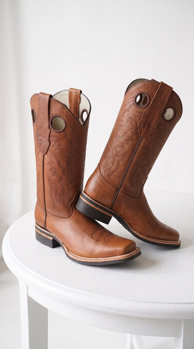 Los Altos Men’s Tan Leather Rodeo Boots, Western Cowboy Square Toe Boots