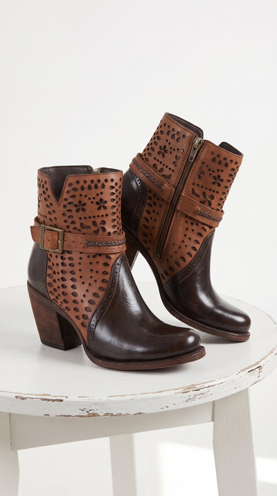 Women’s Brown Leather Short Boots, Oval Toe Ankle Boots with Buckle and Cutout Detail