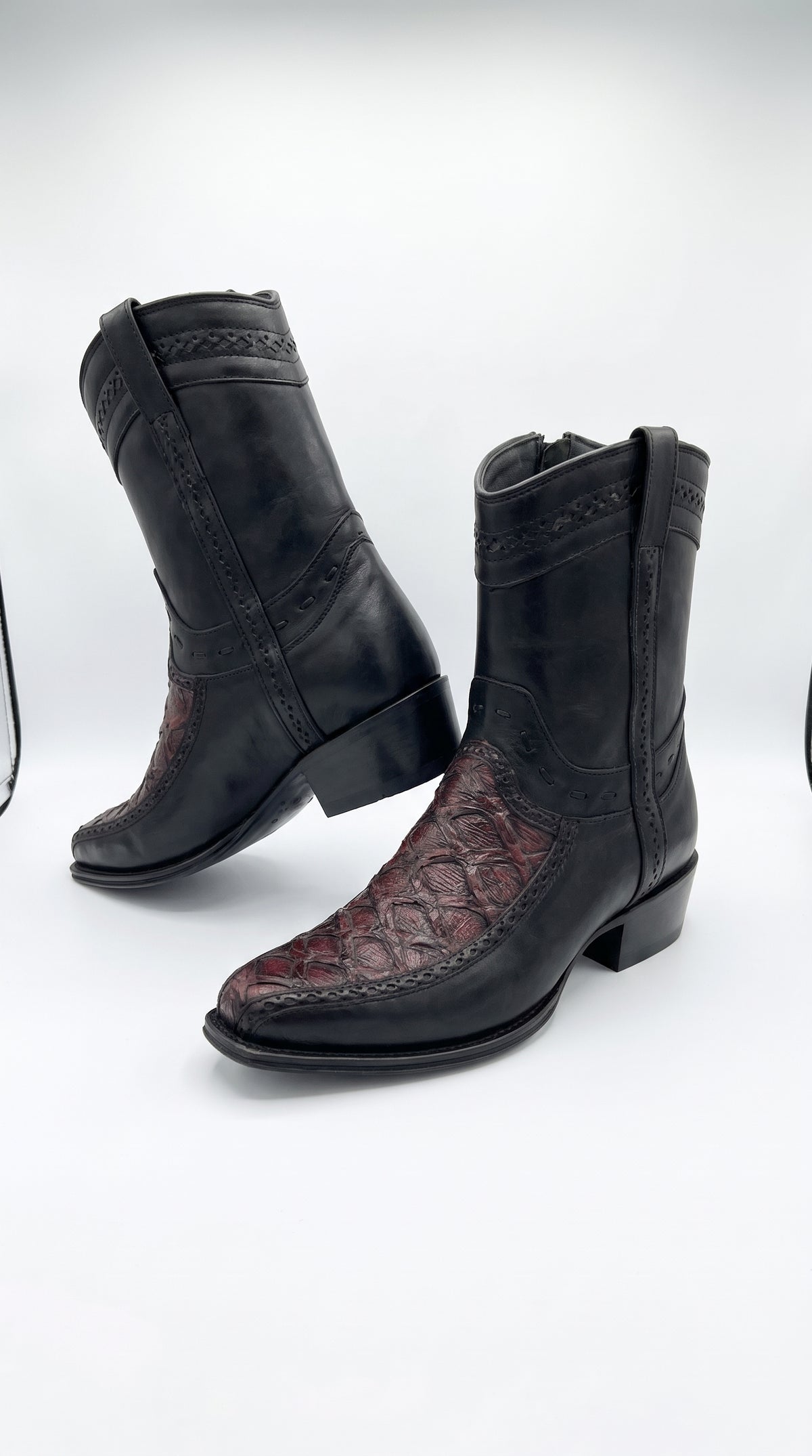 Los Altos Men's Genuine Monster Fish Skin Short Boots – Black Cherry Exotic Leather European Toe Western Cowboy Boots