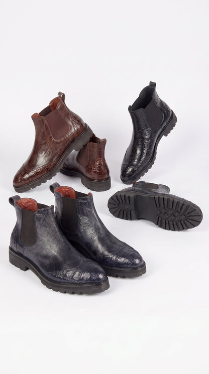 Lombardy Men’s Calfskin Crocodile Chelsea Boots – Tractor Sole Exotic Ankle Boots