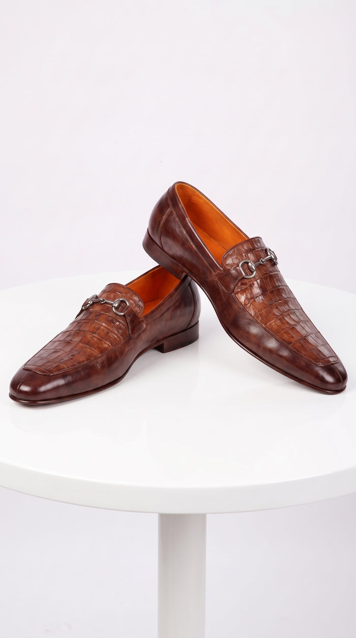 Lombardy Men’s Crocodile & Calfskin Bit Loafers – Brown Almond Toe Exotic Dress Shoes