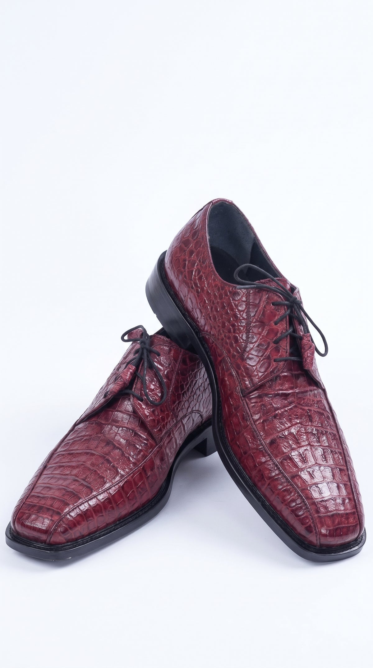 Los Altos Men’s Burgundy Caiman Belly Exotic Leather Shoes – Bicycle Toe Lace-Up Dress Shoes