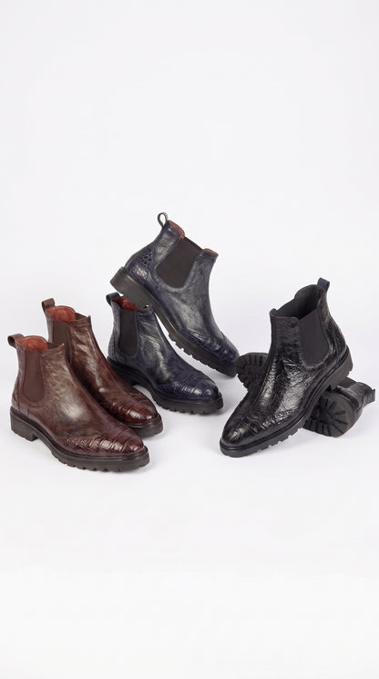 Lombardy Men’s Calfskin Crocodile Chelsea Boots – Tractor Sole Exotic Ankle Boots