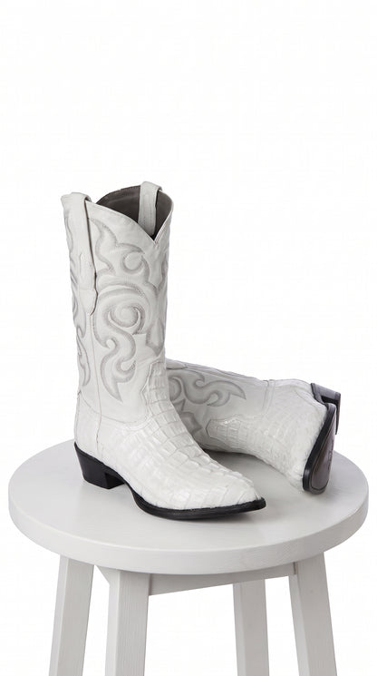 Men’s White Caiman Tail Crocodile Boots, Pointed Toe Exotic Western Cowboy Dress Boots