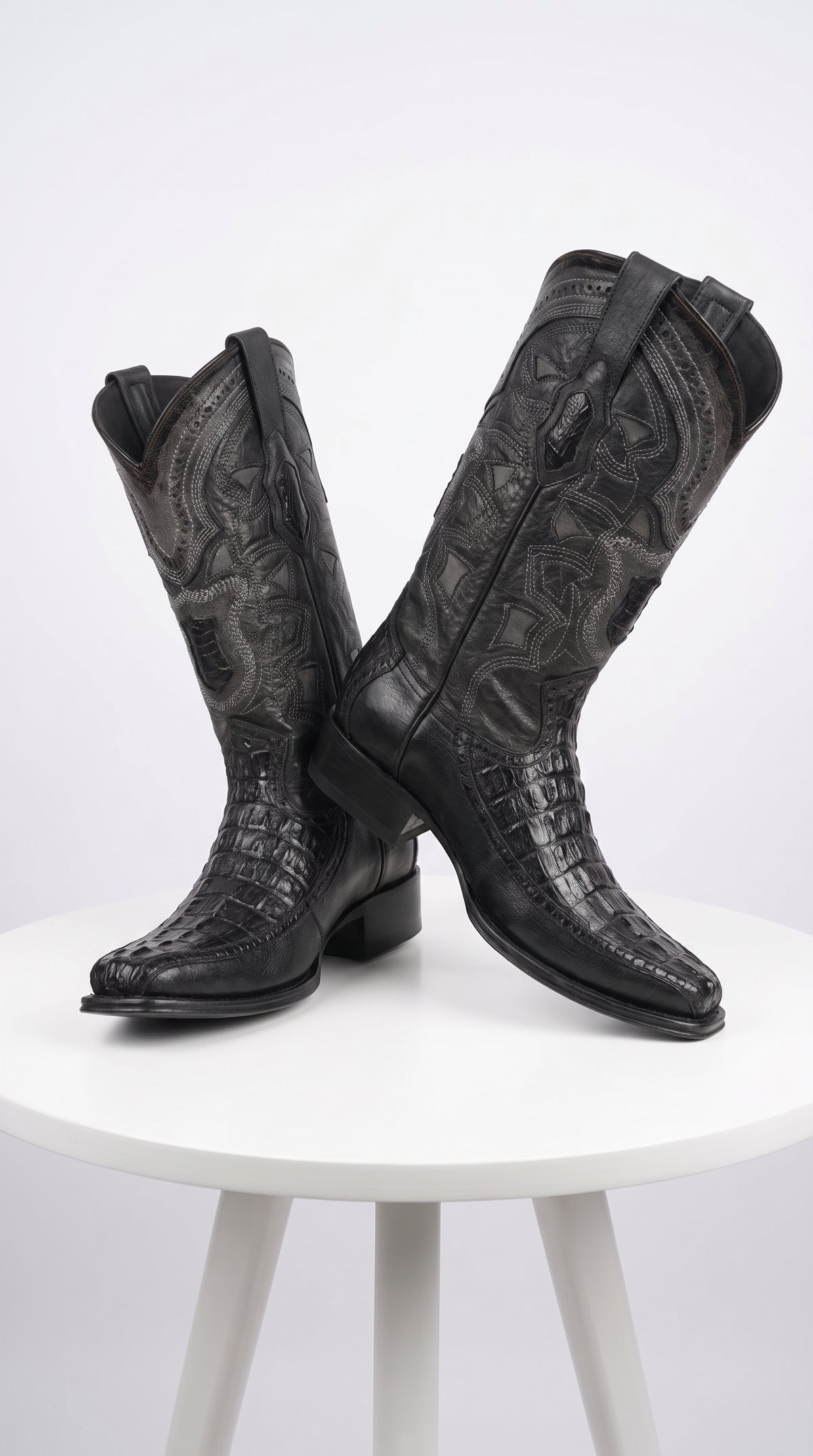 Men’s Black Caiman Crocodile and Deer Western Boots LAB-76F0105, European Toe Exotic Cowboy Dress Boots