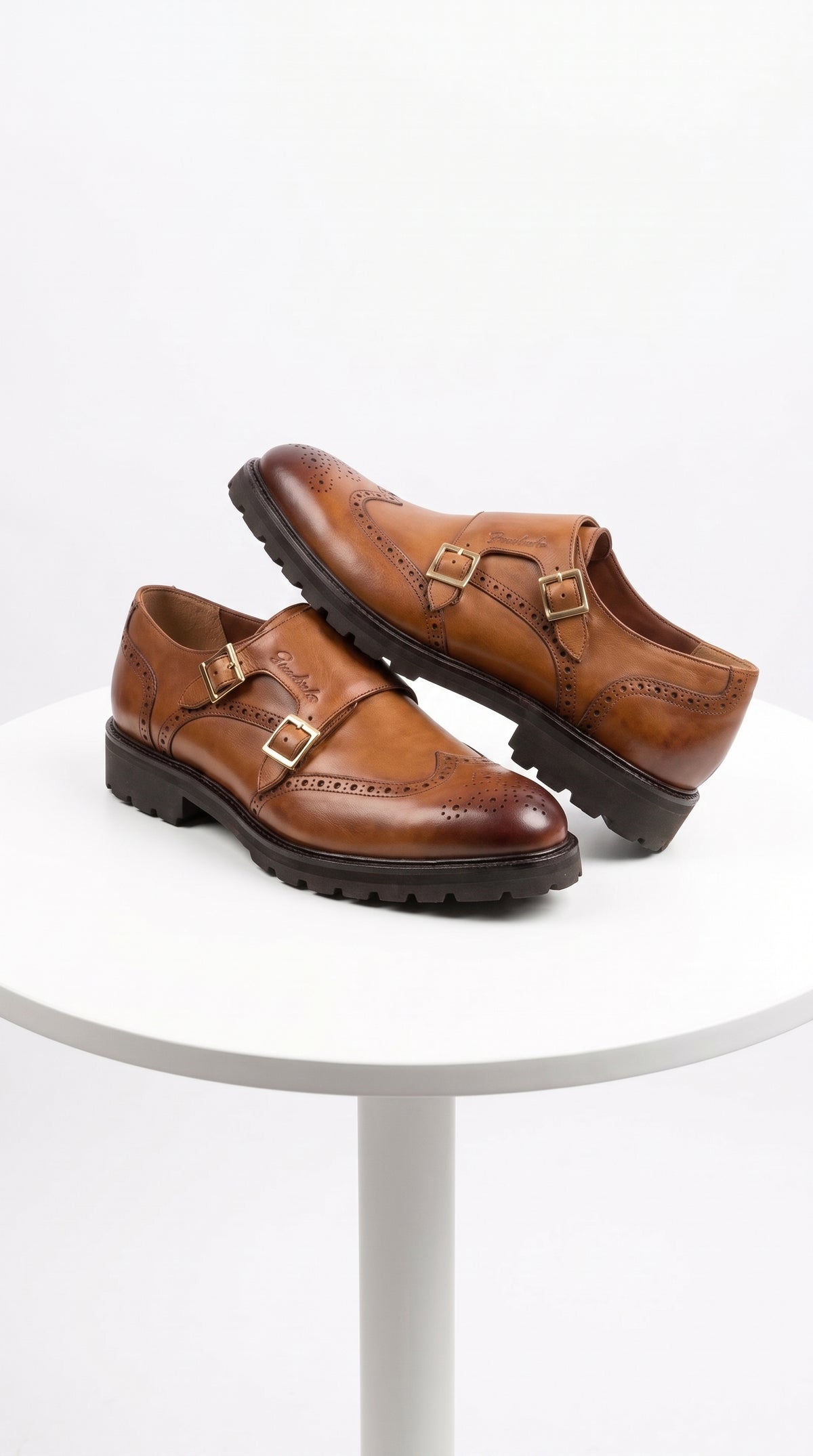 Lombardy Men’s Calfskin Wingtip Double Monk Strap Dress Shoes – Lug Sole