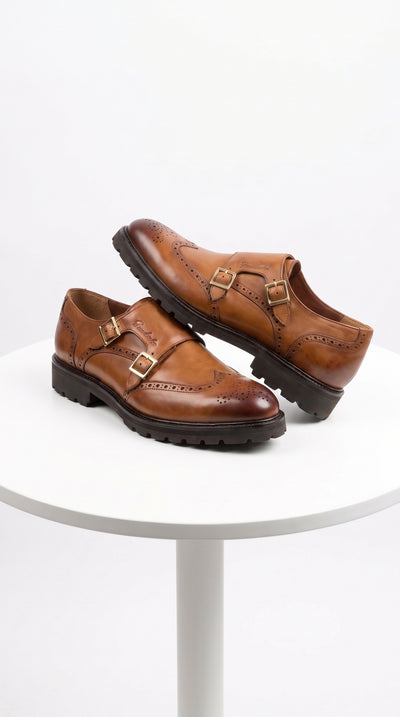 Lombardy Men’s Calfskin Wingtip Double Monk Strap Dress Shoes – Lug Sole