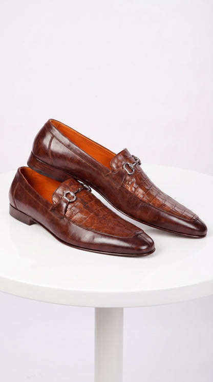 Lombardy Men’s Crocodile & Calfskin Bit Loafers – Brown Almond Toe Exotic Dress Shoes