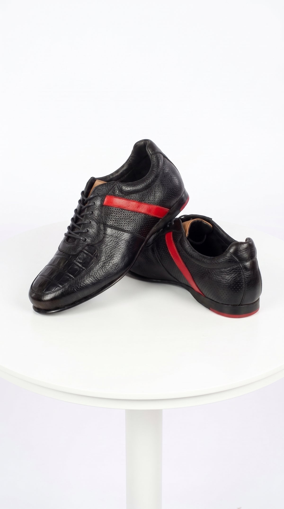 Lombardy Men’s Caiman Belly & Calfskin Sneakers – Black & Brown Exotic Leather Lace-Up Shoes