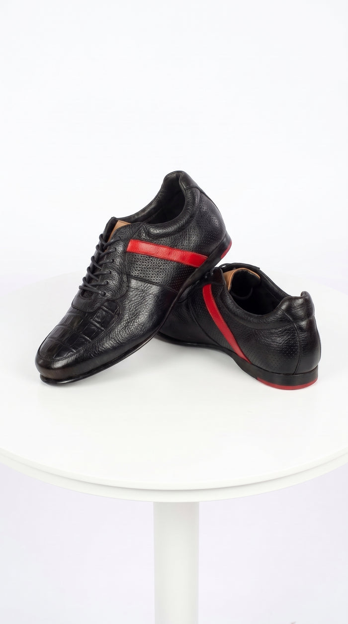 Lombardy Men’s Caiman Belly & Calfskin Sneakers – Black & Brown Exotic Leather Lace-Up Shoes