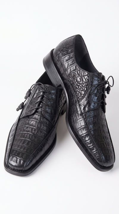 Los Altos Men’s Black Genuine Caiman Belly Oxford Shoes – Exotic Leather Lace-Up Dress Shoes