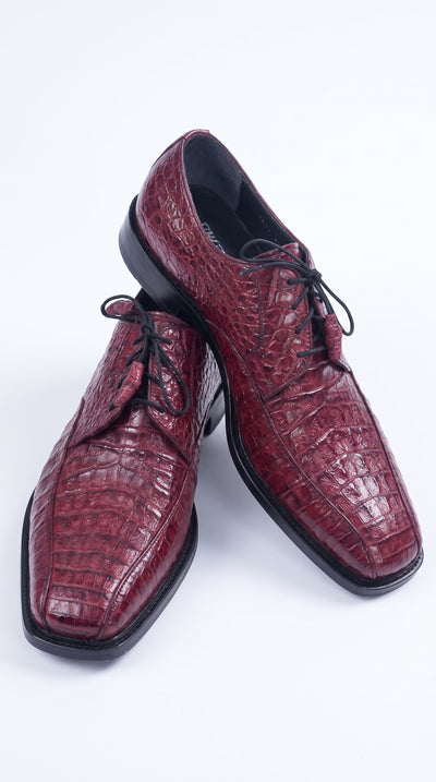 Los Altos Men’s Burgundy Caiman Belly Exotic Leather Shoes – Bicycle Toe Lace-Up Dress Shoes