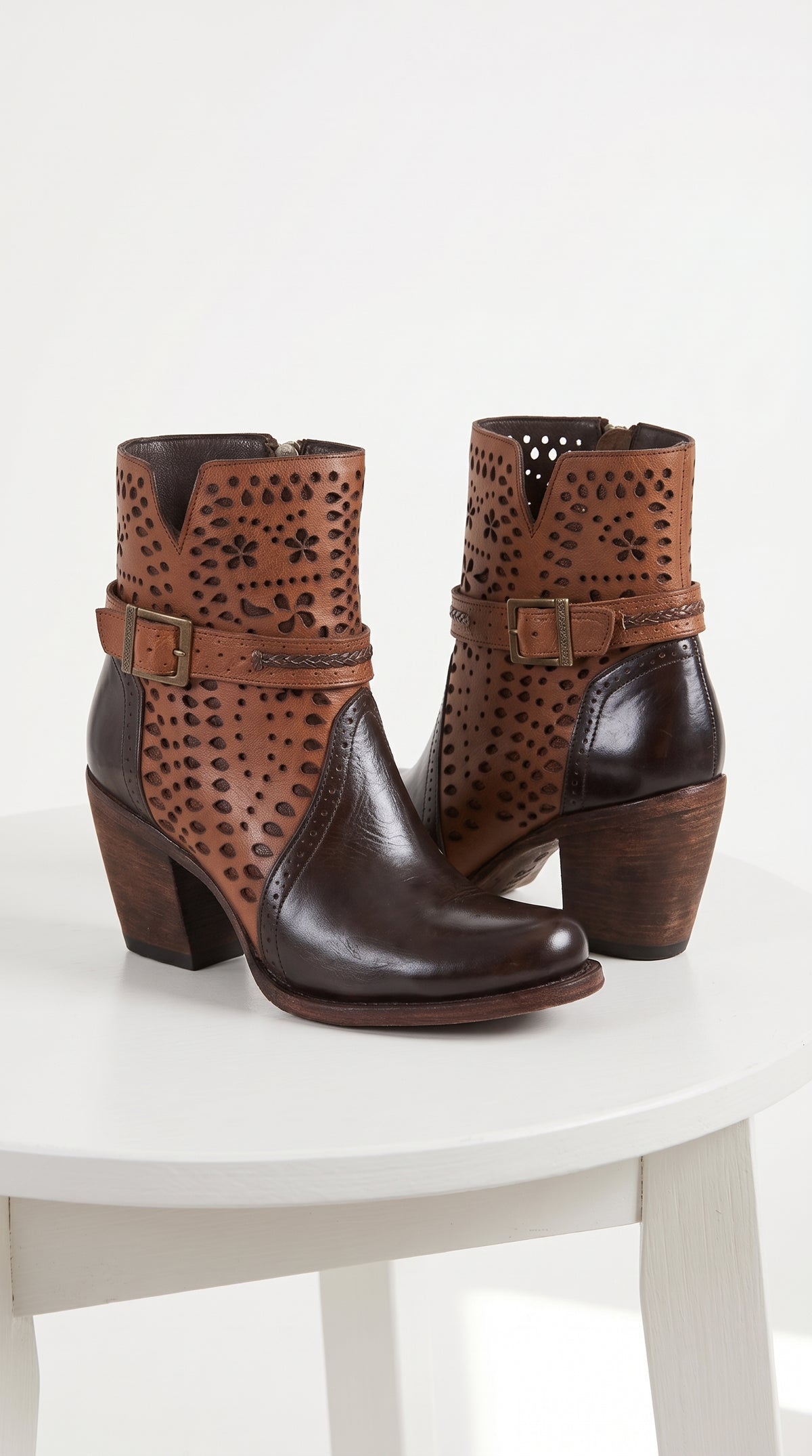 Women’s Brown Leather Short Boots, Oval Toe Ankle Boots with Buckle and Cutout Detail