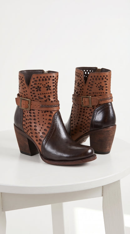 Women’s Brown Leather Short Boots, Oval Toe Ankle Boots with Buckle and Cutout Detail
