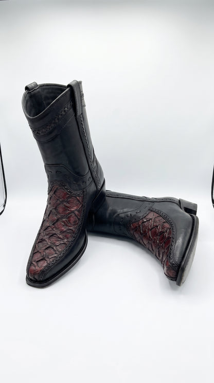 Los Altos Men's Genuine Monster Fish Skin Short Boots – Black Cherry Exotic Leather European Toe Western Cowboy Boots