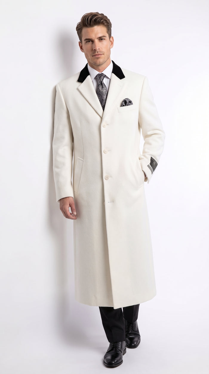 Men's White Cashmere Wool Chesterfield Full-Length Overcoat – Luxury Long Winter Dress Coat with Black Velvet Collar