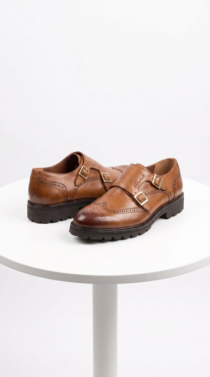 Lombardy Men’s Calfskin Wingtip Double Monk Strap Dress Shoes – Lug Sole