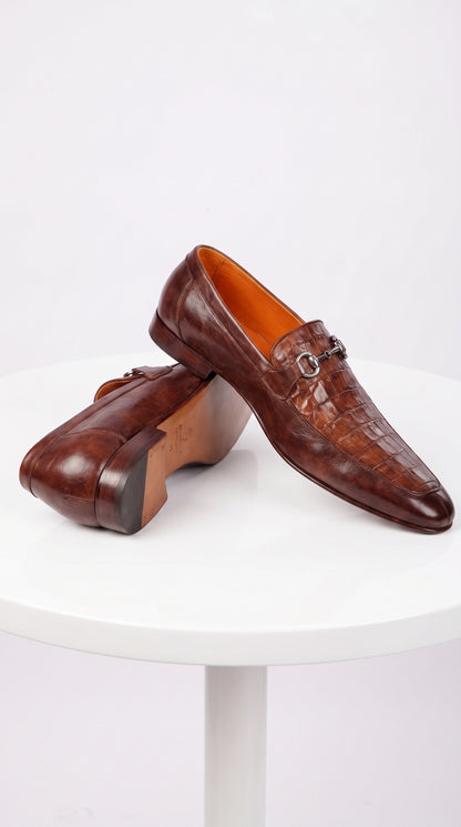Lombardy Men’s Crocodile & Calfskin Bit Loafers – Brown Almond Toe Exotic Dress Shoes