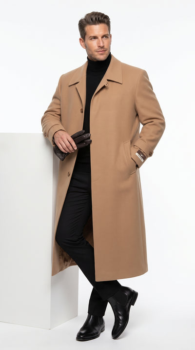 Men’s Camel Full Length All Weather Coat, 4 Button Duster Maxi Dress Coat