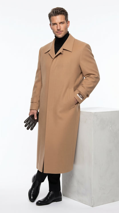 Men’s Camel Full Length All Weather Coat, 4 Button Duster Maxi Dress Coat