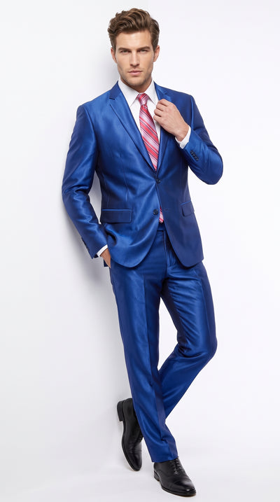Men’s Royal Blue Shiny Sharkskin Suit, Modern Fit Formal Wedding Prom Dress Suit
