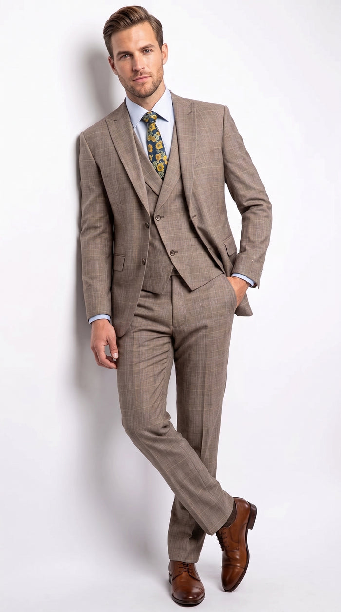Men’s Tan Plaid 3 Piece Suit, 2 Button Vested Peak Lapel Formal Wedding Business Suit