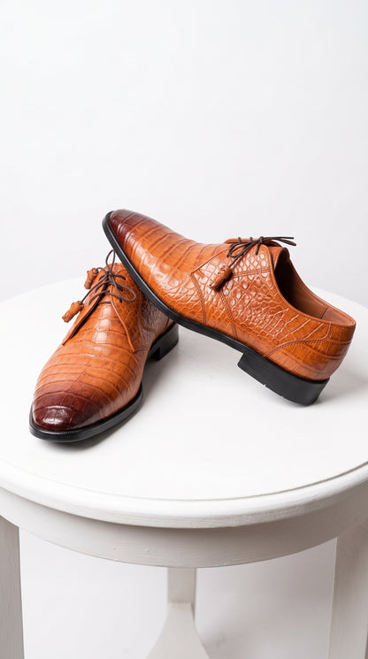 Los Altos Men’s Cognac All-Over Crocodile Lace-Up Shoes, Exotic Formal Dress Shoes