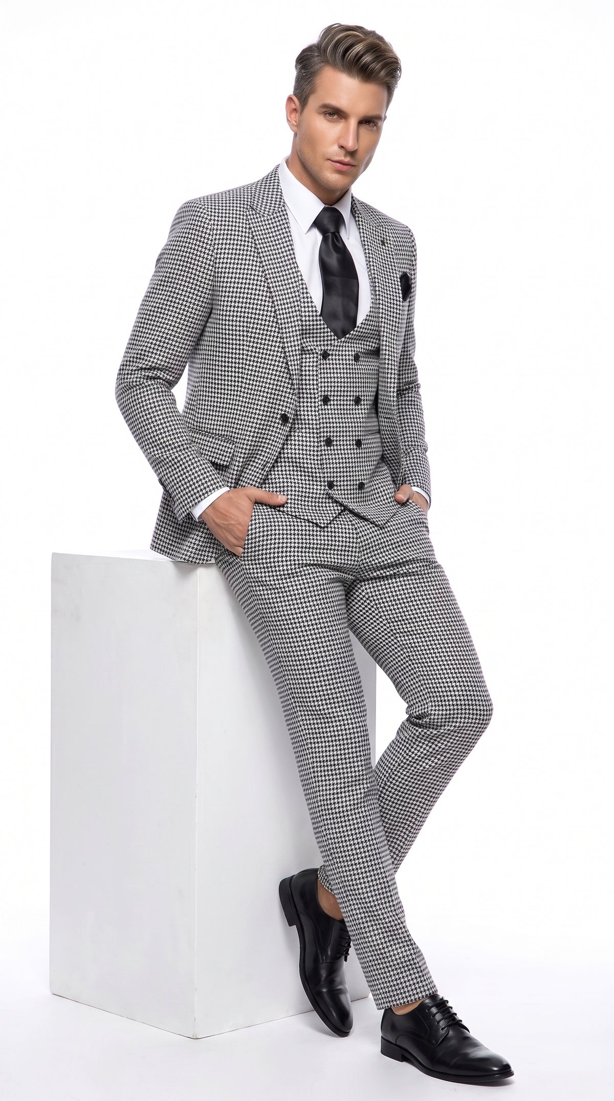 Men’s Black & White Houndstooth Check 3-Piece Pure Wool Suit with Double-Breasted Vest & Flat Front Pants