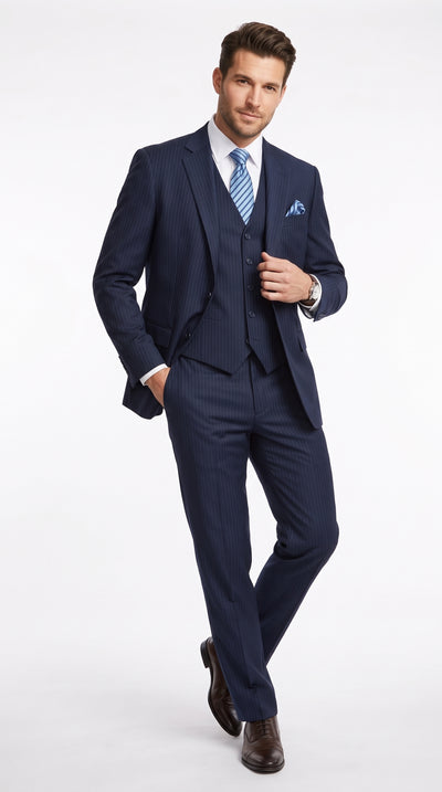 Men's Navy Blue Tone-on-Tone Pinstripe 3-Piece Vested Suit – Shadow Stripe Formal Business Wedding Suit
