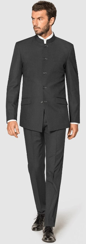 Mandarin Suit - Charcoal Grey Color Banded Collar Suit - Chines Collar in Color Gray