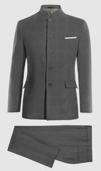 Mandarin Suit - Charcoal Grey Color Banded Collar Suit - Chines Collar in Color Gray