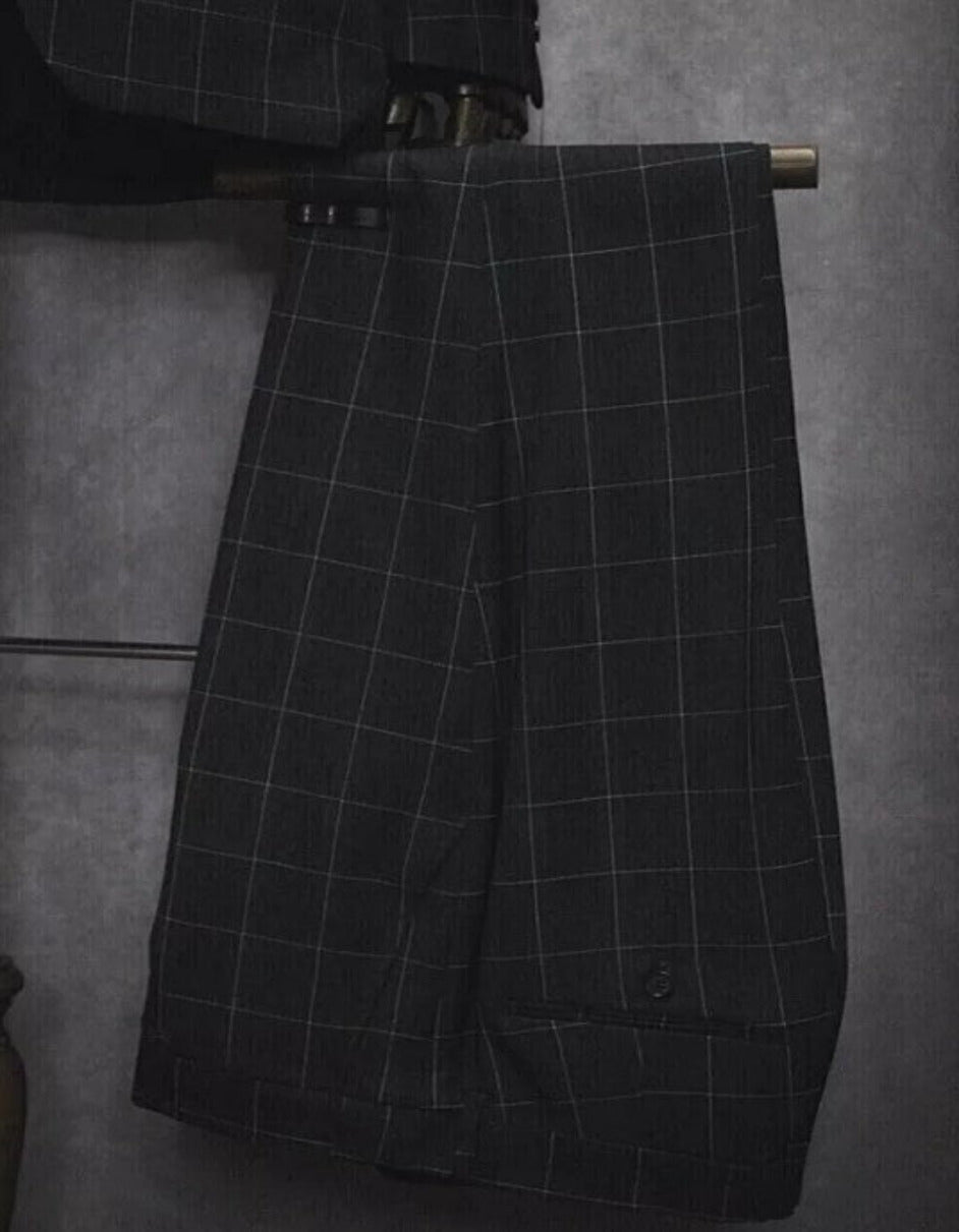Mens Two Button Peak Lapel Plaid Pattern Suit Charcoal ~ White 5   - from alligatorwarehouse.com