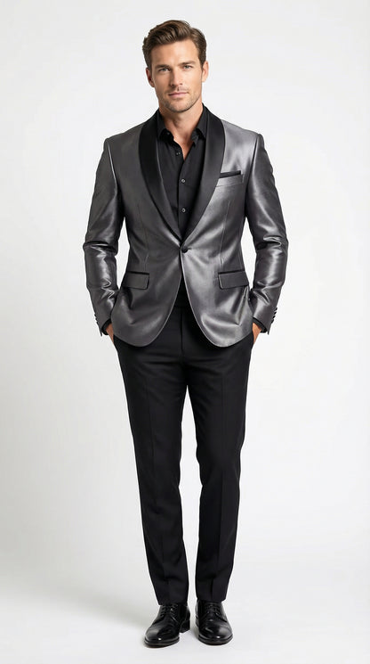 Men’s Shiny Charcoal Grey Blazer –  Sharkskin Dinner Jacket Shawl Collar