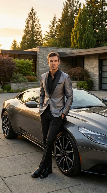 Men’s Shiny Charcoal Grey Blazer –  Sharkskin Dinner Jacket Shawl Collar