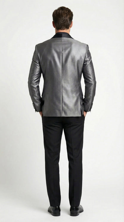 Men’s Shiny Charcoal Grey Blazer –  Sharkskin Dinner Jacket Shawl Collar