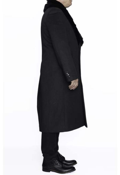 Removable Fur Collar Dark Charcoal Grey Ankle length Wool Dress Top Coat/Overcoat - Mens Overcoat 2   - from alligatorwarehouse.com