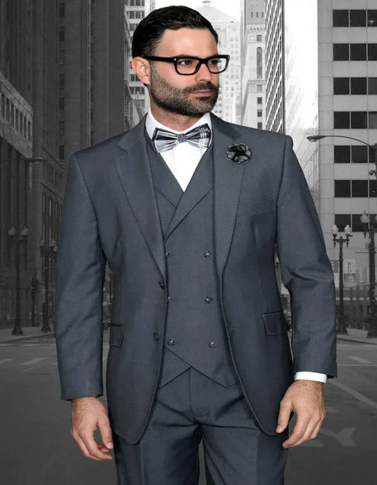 Pleated?ÿDress?ÿMen?ÿSuits - Men's Designer Classic Fit Pleated Pant Wool Double Breasted Charcoal Grey Suit