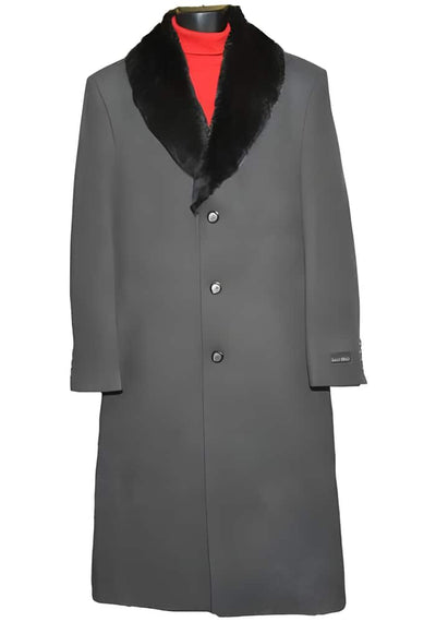 Fur Collar Dark Charcoal Grey 3 Button Wool Ankle length Overcoat ~ Long men's Dress Topcoat - Winter coat 1   - from alligatorwarehouse.com