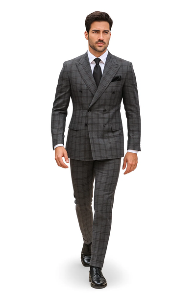 Suits With Baggy Pleated Pants - Wide Leg Pants 100% Wool - Classic Fit in Color Charcoal with Blue Plaid by Rossiman 2   - from alligatorwarehouse.com