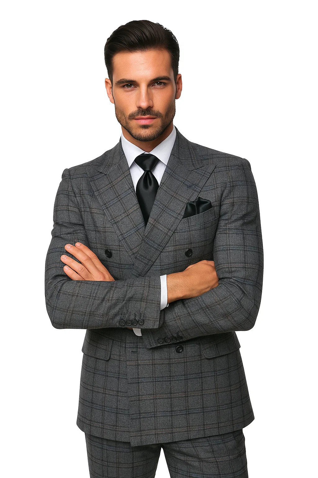 Suits With Baggy Pleated Pants - Wide Leg Pants 100% Wool - Classic Fit in Color Charcoal with Blue Plaid by Rossiman 5   - from alligatorwarehouse.com