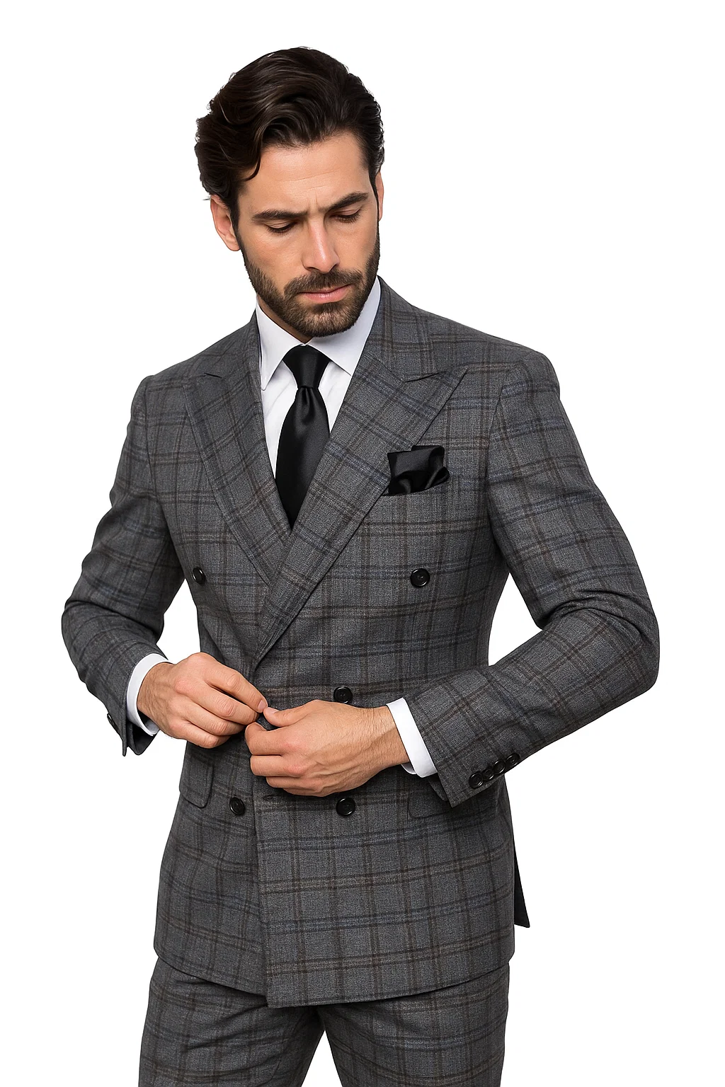 Suits With Baggy Pleated Pants - Wide Leg Pants 100% Wool - Classic Fit in Color Charcoal with Blue Plaid by Rossiman 6   - from alligatorwarehouse.com