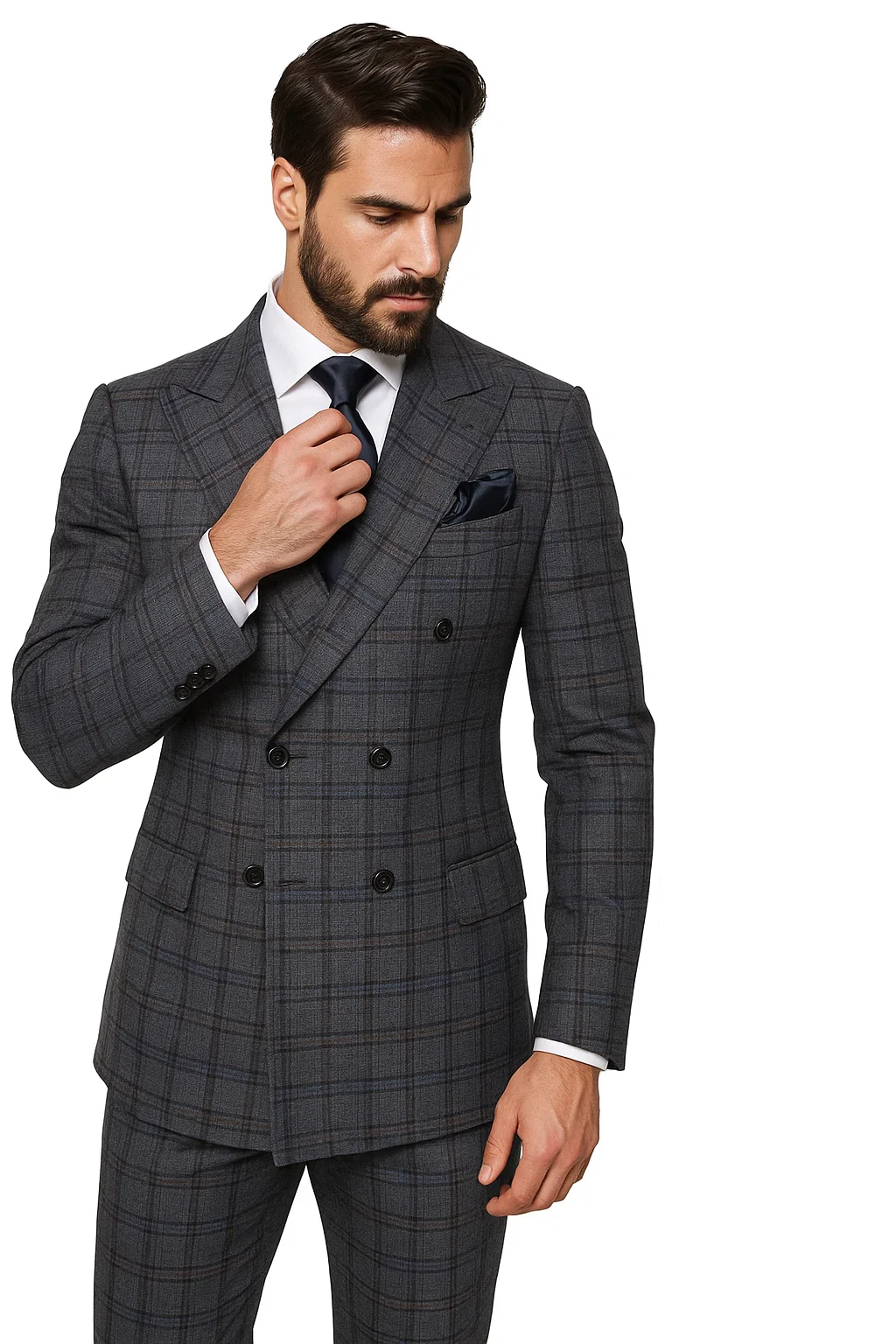 Suits With Baggy Pleated Pants - Wide Leg Pants 100% Wool - Classic Fit in Color Charcoal with Blue Plaid by Rossiman 7   - from alligatorwarehouse.com