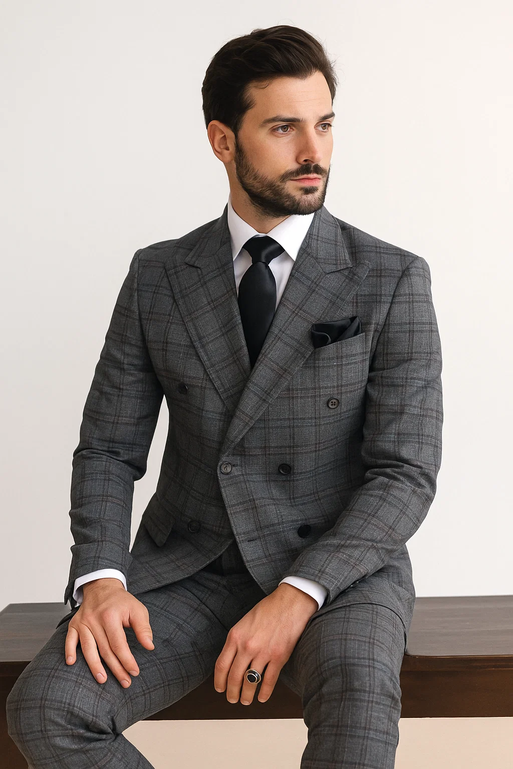 Suits With Baggy Pleated Pants - Wide Leg Pants 100% Wool - Classic Fit in Color Charcoal with Blue Plaid by Rossiman 8   - from alligatorwarehouse.com