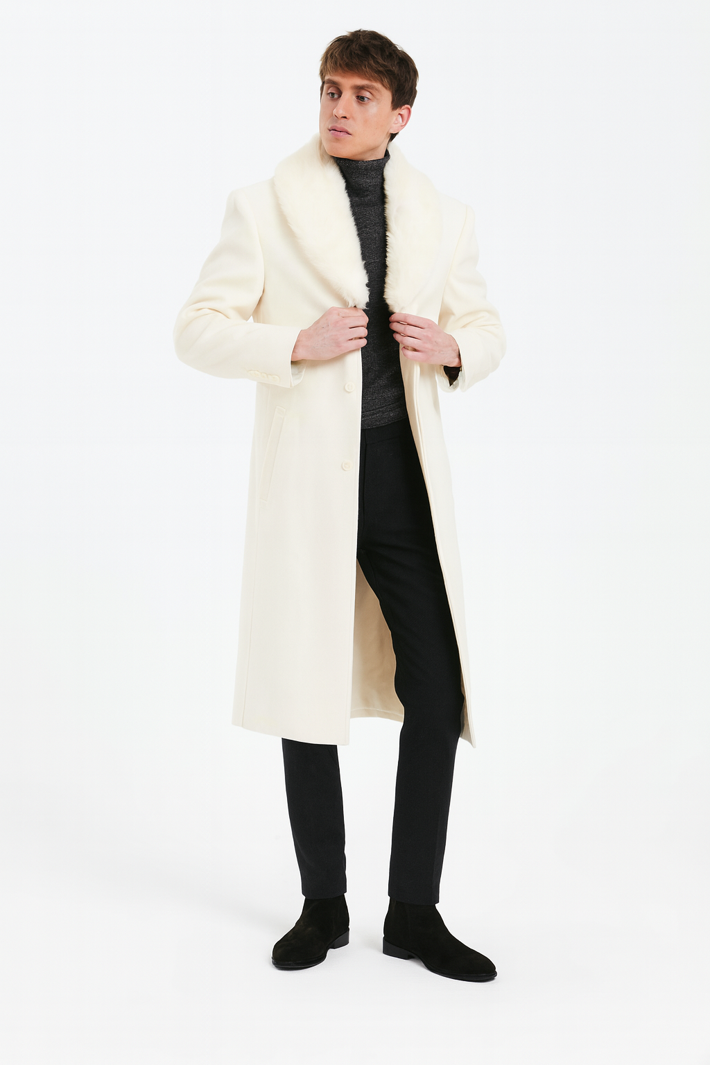 Men’s Ivory - Cream - Off White Full-Length Overcoat with Luxurious Faux Fur Shawl Collar – Winter Dress Coat